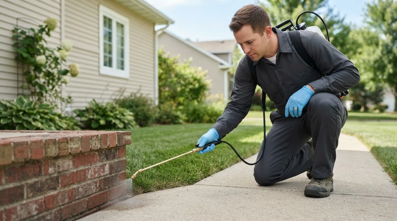 Pest control technician treating a home near Wendell, MA