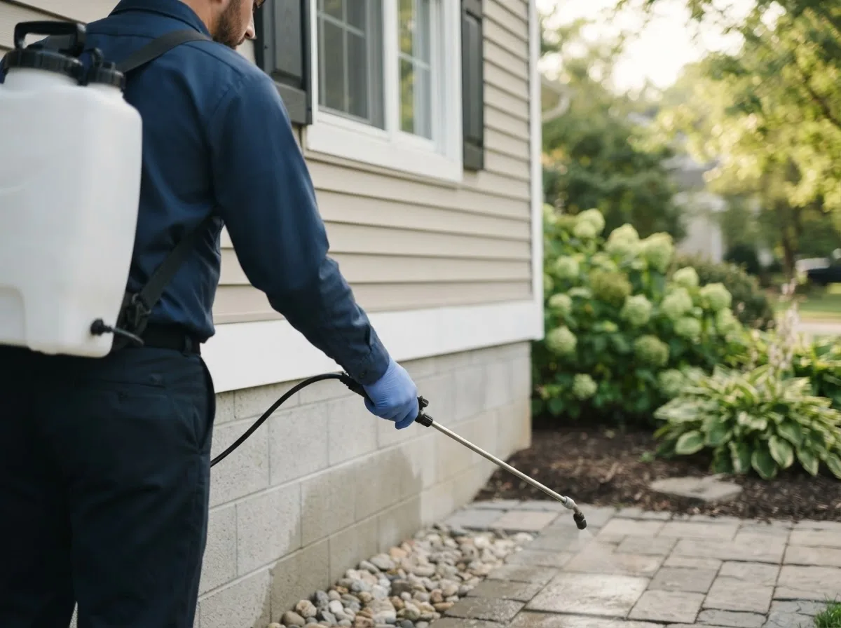 Pest control technician inspecting a home in Wendell, MA